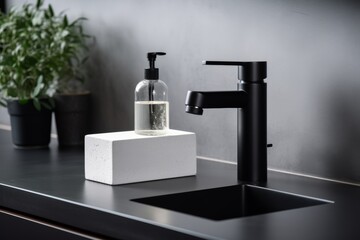 modern black sink and faucet, liquid soap in a dispenser, background for product presentation TLT advertising plumbing fixtures for the kitchen