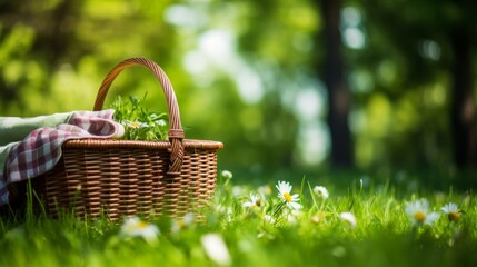 wicker picnic basket with flowers, fruits and bread on a green meadow, the theme of summer picnics in nature