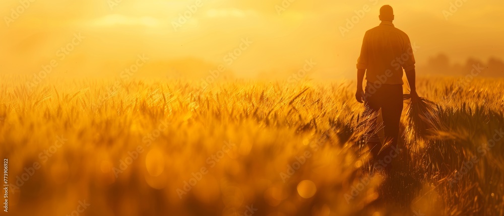 Poster an agronomist farmer in a golden wheat field holds ears of wheat in his hand while standing in the f