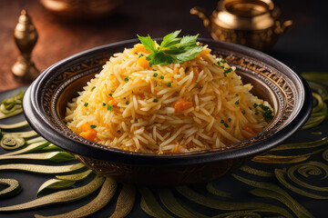 traditional food Biryani a delicious dish served on a dark background
