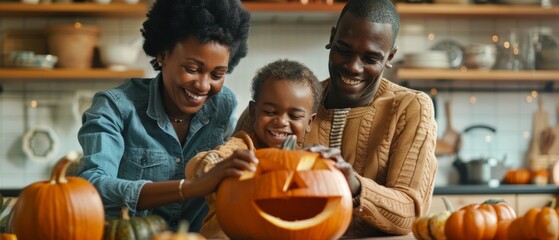 The parents of a multiethnic family work together to make jack o lanterns from pumpkins during Halloween celebration at home with their son.