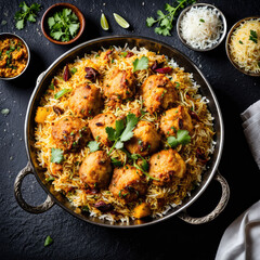 traditional food Biryani a delicious dish served on a dark background
