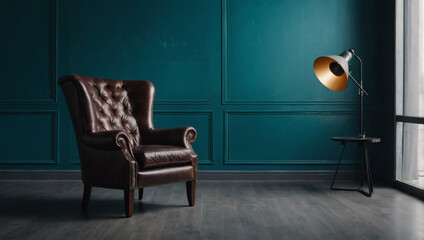A leather armchair stands out against an empty teal wall in the living room. - obrazy, fototapety, plakaty