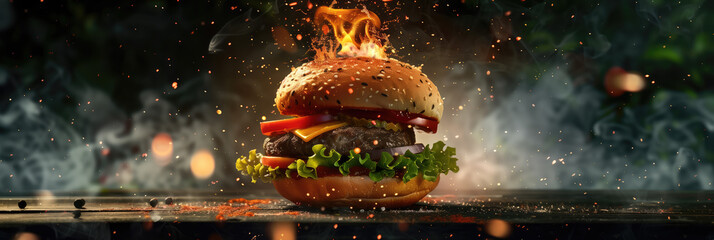 A sizzling burger with flames engulfing it