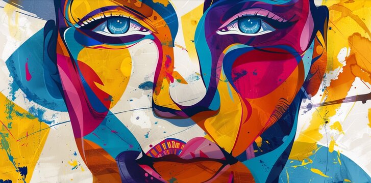 pop art style collage of a portrait face close up woman, colorful palette,, abstract shapes and lines
