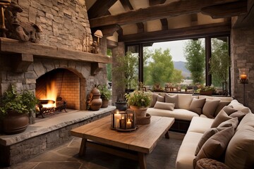 Fototapeta premium Stone Fireplace & Wooden Beams: Rustic Charm in Earthy Organic Living Room Designs