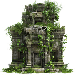 An ancient, overgrown jungle temple ruin, isolated on transparent background © MDNANNU