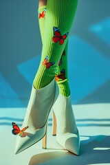 portrait illustration of fashion female legs , green socks  with butterflies on and elegant high heels with a blue vibrant background, minimal stylish vibes