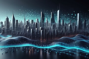 Futuristic Cyber Cityscape with Pulsating Dots - 3D Technology Background