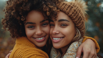 Two beautiful curly young multiracial girls girlfriends or sisters hugging and laughing. Meeting of friends. Friendship Day. International Women's Day. National Siblings Day. Twins days. Copy space - obrazy, fototapety, plakaty