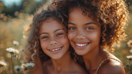 Two beautiful curly young multiracial girls girlfriends or sisters hugging and laughing. Meeting of friends. Friendship Day. International Women's Day. National Siblings Day. Twins days. Copy space - obrazy, fototapety, plakaty