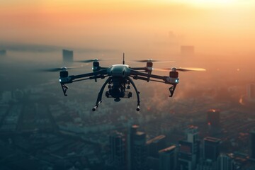 Unmanned aerial vehicle with camera flies over a city - obrazy, fototapety, plakaty