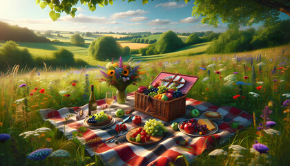picnic scene on a lush green meadow under a clear blue sky - obrazy, fototapety, plakaty