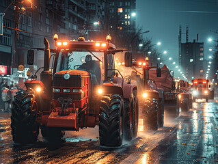 Tractors Blocking City Streets During Protest Rally - Agricultural Workers Demonstrating Against Tax Increases and Law Changes - Chaotic and Tense Lighting - Impactful and Newsworthy Style
