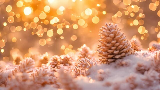 Christmas background with blurred lights and snow-covered pine cones