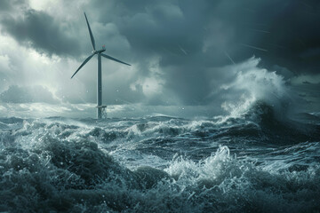 Wind turbine in rough stormy sea - obrazy, fototapety, plakaty