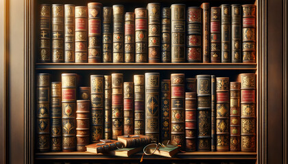  section of a classic library bookshelf - obrazy, fototapety, plakaty