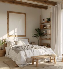 A Clean and Modern Bedroom with a White Bed and Wooden Furniture Generative AI