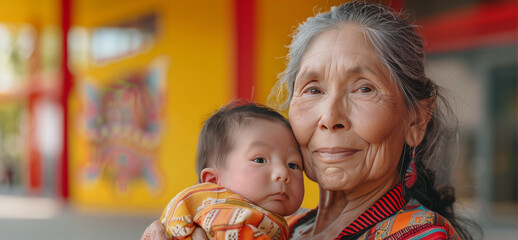 Native indigenous american indian ama grandmother holding cuddling grandbaby bonding outside natural sunlight diverse aboriginal family generational newborn support happiness health wellness portrait