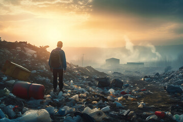 Man observing a vast landfill during sunset.