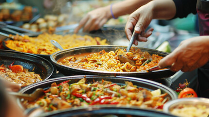 Obraz premium Street food, diverse culinary concept. People eat asian spacy food