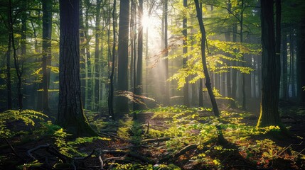 spring forest - fresh leaves and sun rays