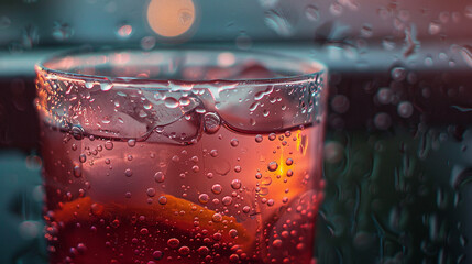 Droplets of condensation forming on a chilled glass of rose lemon tea.