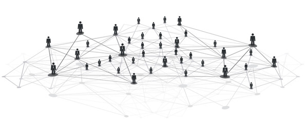 Black and White Networks, Business or Social Media Connections Concept Design - Polygonal Mesh on Isolated White Background - Grey Business Men Figures, Nodes Connected with Complex Polygonal Mesh