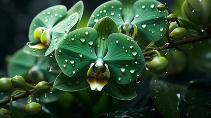 leaf with drops, green orchid flower