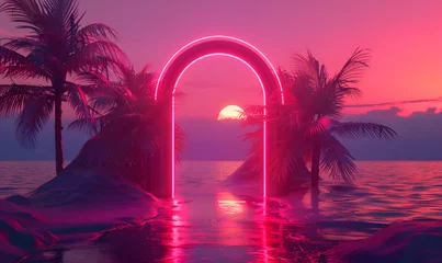 Papier Peint photo Lavable Rose  neon archway stands prominently in a tropical scene at sunset,  Generative AI 