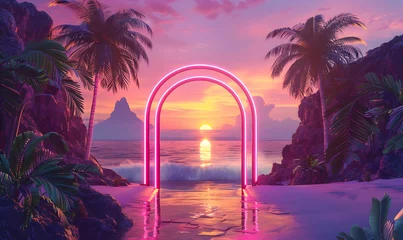 Draagtas neon archway stands prominently in a tropical scene at sunset,  Generative AI  © simba kim
