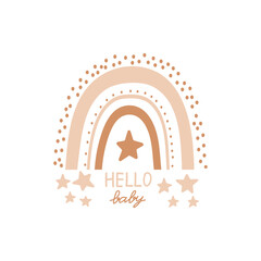 Baby Card with rainbow and hand lettering. Hello Baby. Baby shower invitation, birth announcement, nursery poster, kids room or apparel. Vector