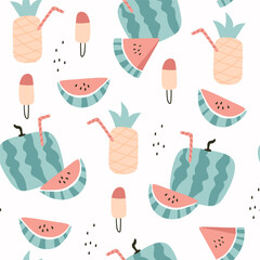 Seamless pattern with  pineapples and juicy watermelon. Summer fruits vector - 773911180