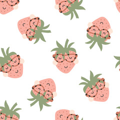 Seamless pattern with kids cute strawberries. Vector