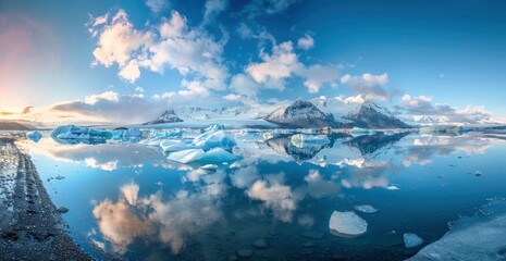 Beautiful view of icebergs with snowcapped mountains and blue sky in background