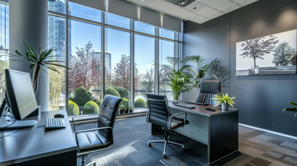 Elegant, modern office space, stylishly furnished for a creative work environment, bright lighting,