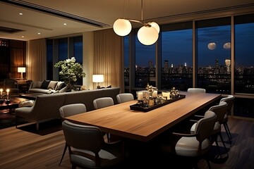 Chic Manhattan Penthouse Panorama: Elegant Dining, Entertaining Space - obrazy, fototapety, plakaty