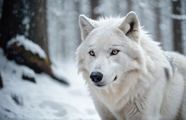White Wolf in a snow covered winter forest - 773911770