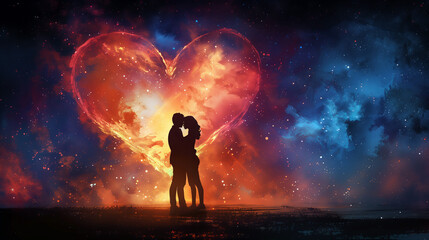 Silhouette of Couple Under Cosmic Heart Nebula, Romantic Universe