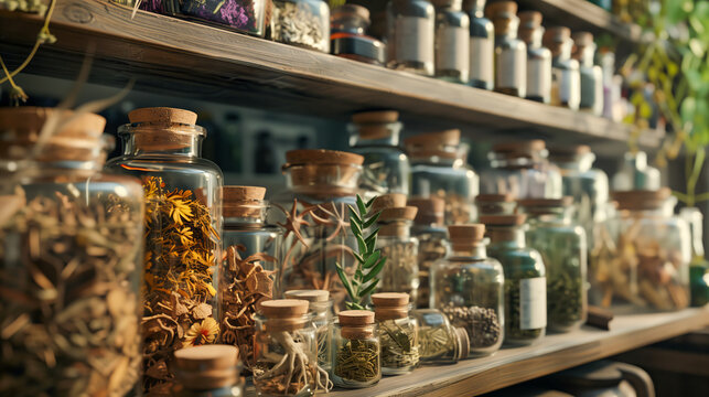 Close-up shots of jars filled with dried herbs, roots, and botanical extracts in a traditional herbalist's apothecary.