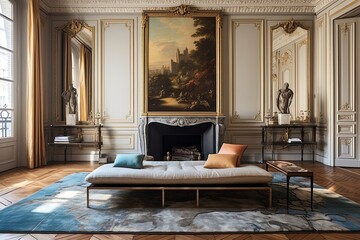 Elegant Parisian Apartment Inspirations: Classical Art, Sculptural Elements, Luxurious Rugs Showcase - obrazy, fototapety, plakaty