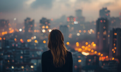 A contemplative young woman gazes out at the city during the peaceful moments of twiligh, ...