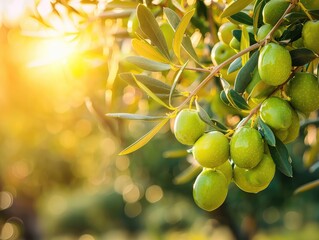 Spain's olive grove showcasing plump green olives hanging from a sunlit branch. Close-up capture of fresh olive fruits glistening in the sunlight on a clear day - obrazy, fototapety, plakaty