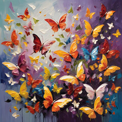 Autumn leaves background. Acrylic and oil painting portraying the delicate dance of butterflies among wildflowers, their wings creating whispers of magic in the air.