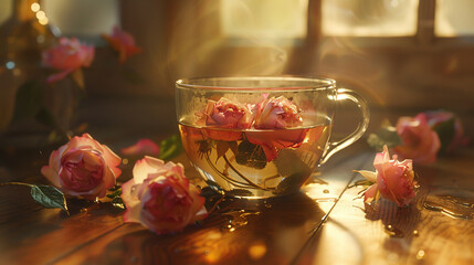 Sunlight filtering through a transparent teacup filled with fragrant rose tea. - obrazy, fototapety, plakaty