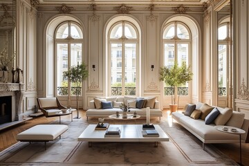 Elegant Parisian Apartment Inspirations: Magnificent High Ceilings & Ornate Details - obrazy, fototapety, plakaty