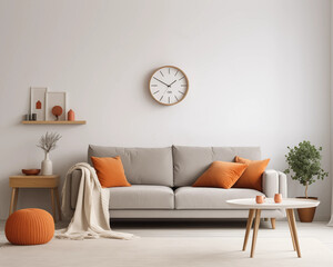 Modern living room interior with sofa coffee table clock and decorations in orange and neutral colors