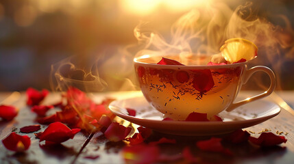The subtle dance of rose petals swirling in a steaming cup of lemon tea.