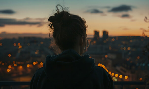A contemplative young woman gazes out at the city during the peaceful moments of twiligh,  Generative AI 