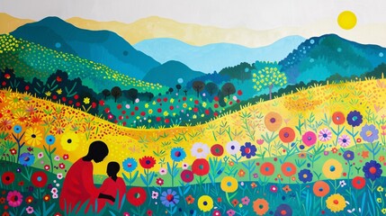 Summer Bliss A Vibrant Flower Field with a Mountainous Backdrop Generative AI